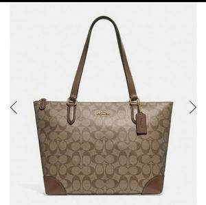 New Coach Zip Top Tote In Signature Canvas khaki nwt